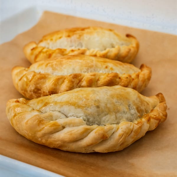 Three golden-brown Venezuelan empanadas with crimped edges, resting on a sheet of parchment paper.