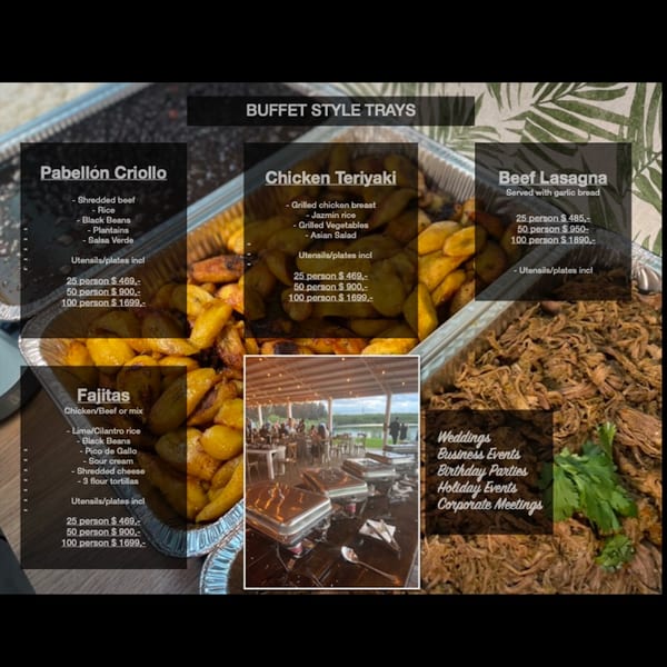 A menu for buffet-style trays, featuring Venezuelan dishes like Pabellón Criollo and Fajitas.
